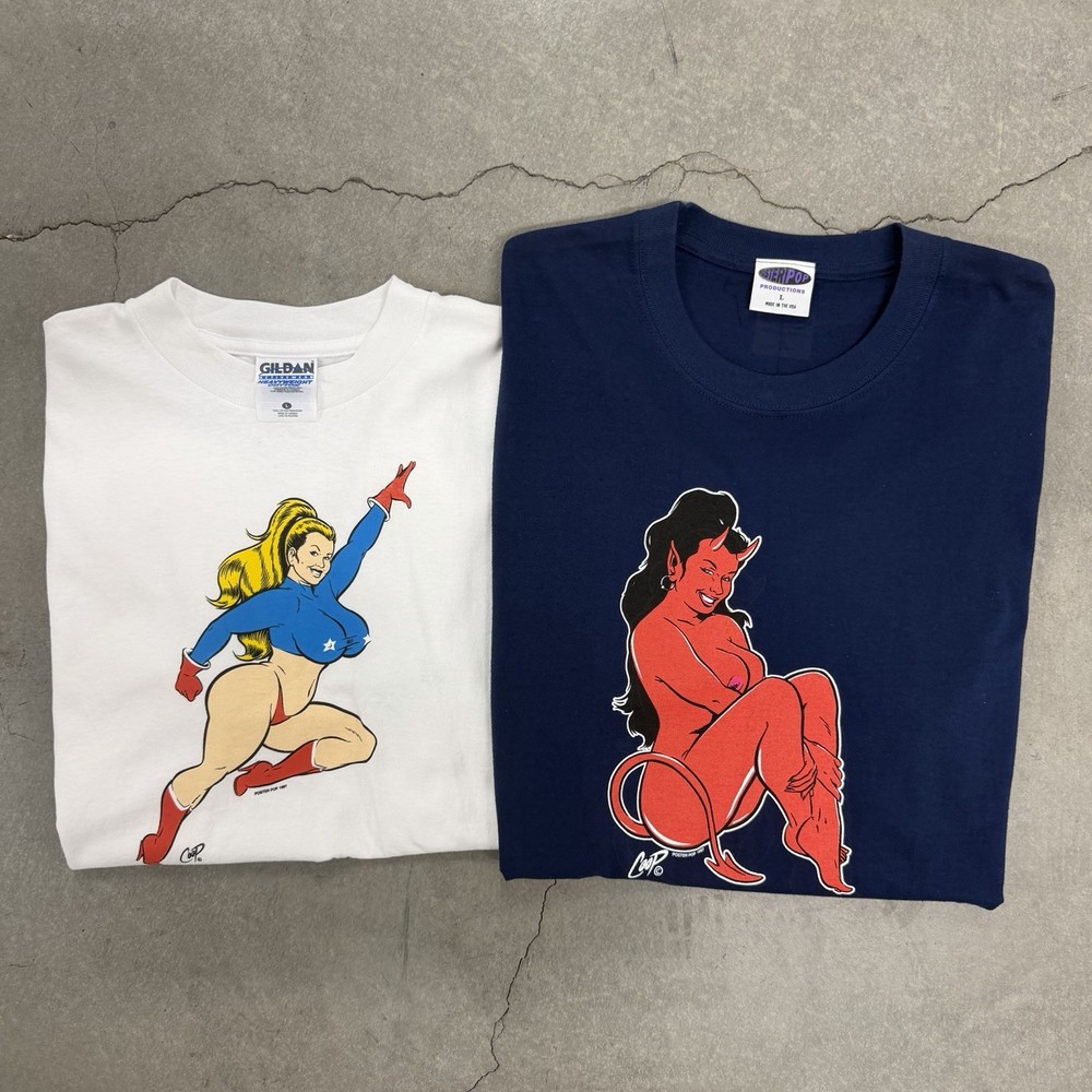 2 Vintage Coop Shirt Mens Large 90s Poster Pop Cartoon Pin Up Devil Skate