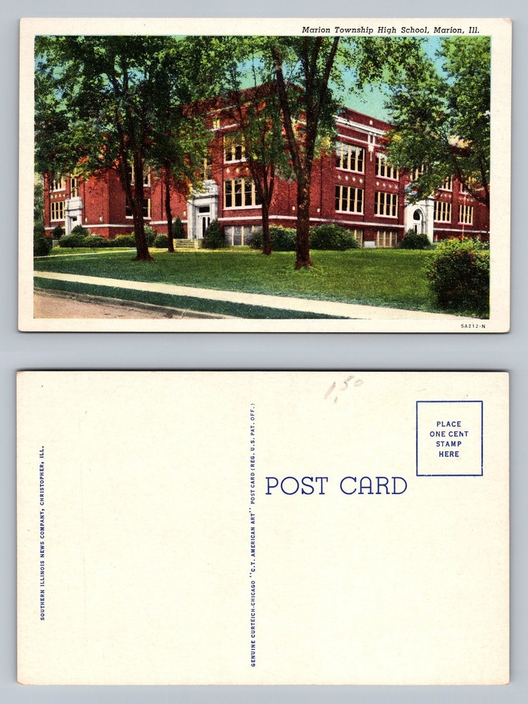 Marion, IL-Illinois, Township High School Building View Card Vintage Postcard