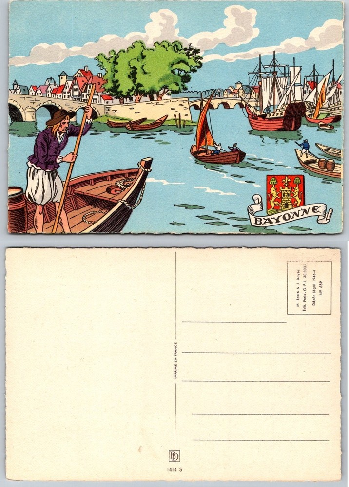 Vintage 1946 Bayonne France Illustrated Postcard River Boats Bridge