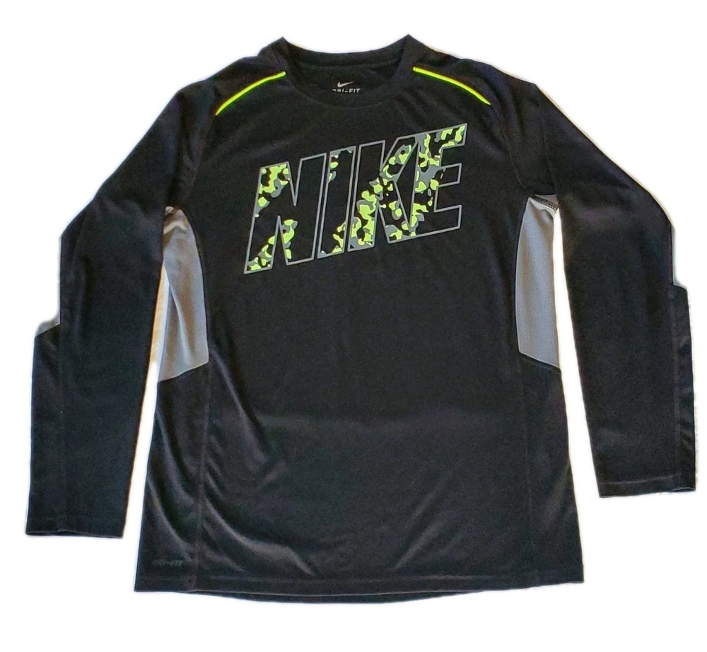 Nike Dri-FIT XL Boy's Long Sleeve Athletic Fit T-Shirt Black Gray Neon Graphic