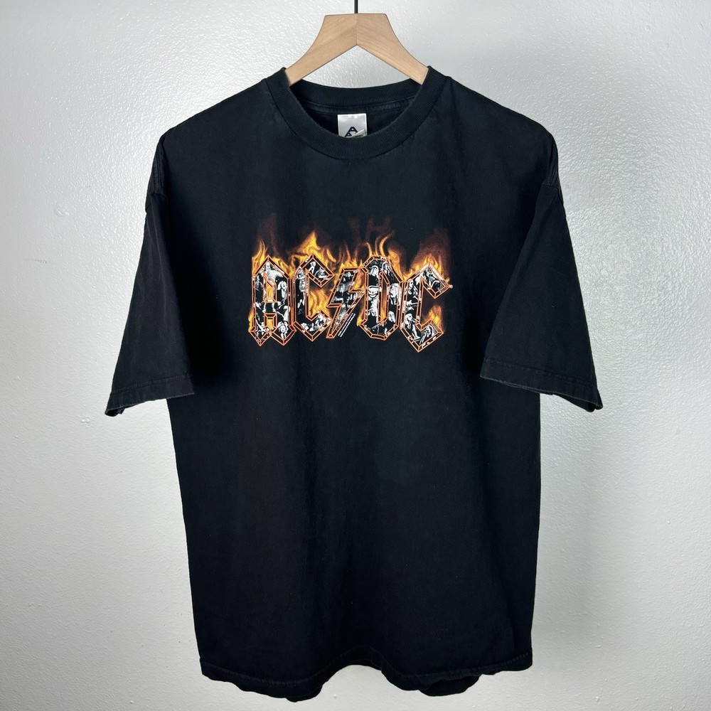 Vintage AC/DC Flame Spell Out Logo Band Concert T Shirt Black Grunge Y2K Size XL