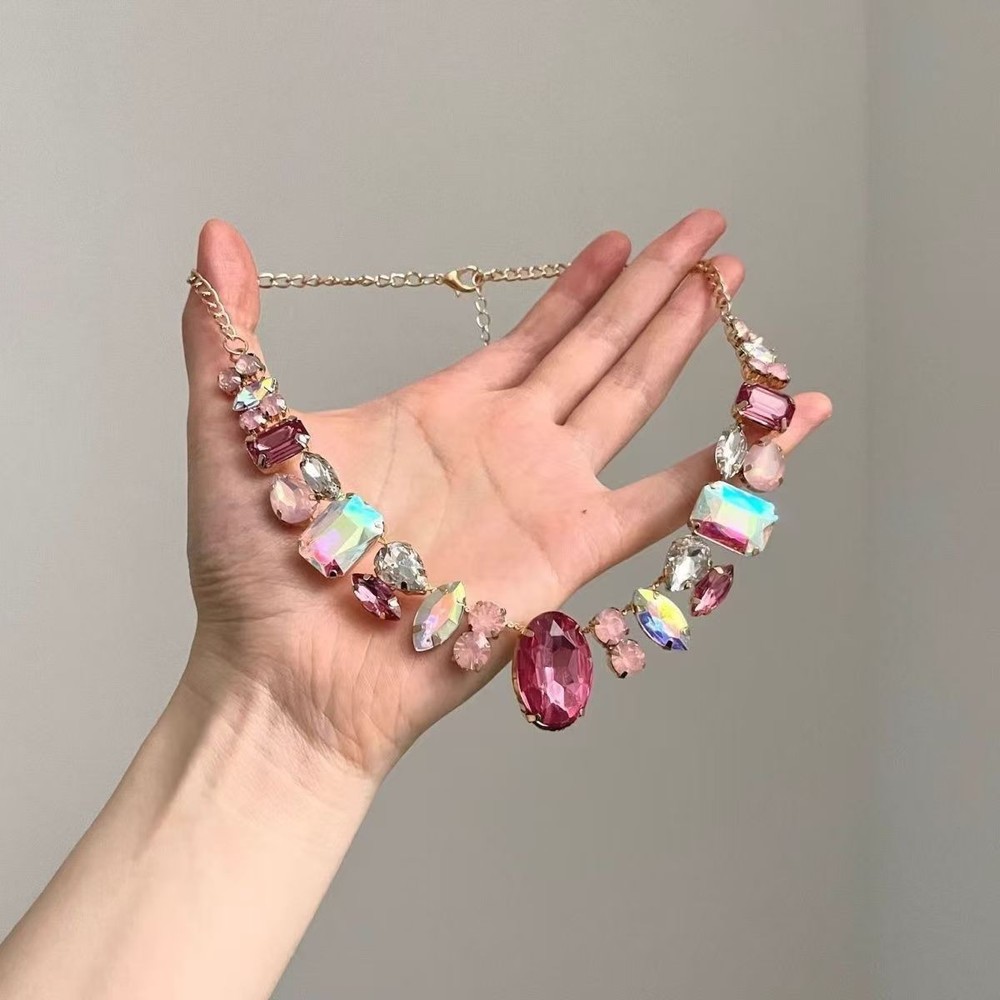 Vintage Floral Multi-Shape Pink Iridescent CZ Bib Necklace Adjustable Chain Form