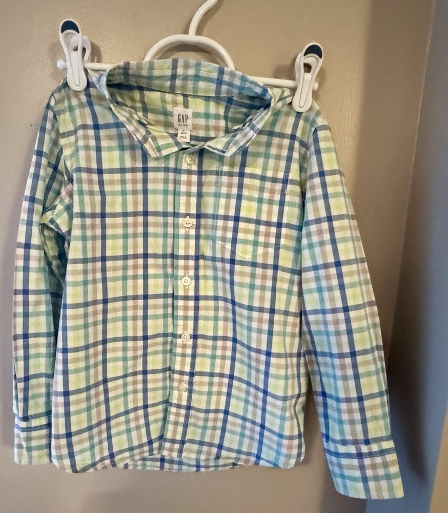 Boys’ GAP Long Sleeve Button Down Shirt Size Small (6-7) Plaid Blue