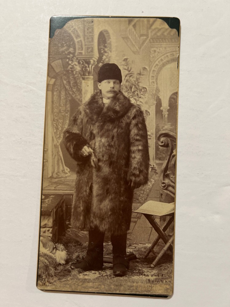 VTG Cabinet Photo Handsome Male Trapper with Mustache, Fur Coat and Hat