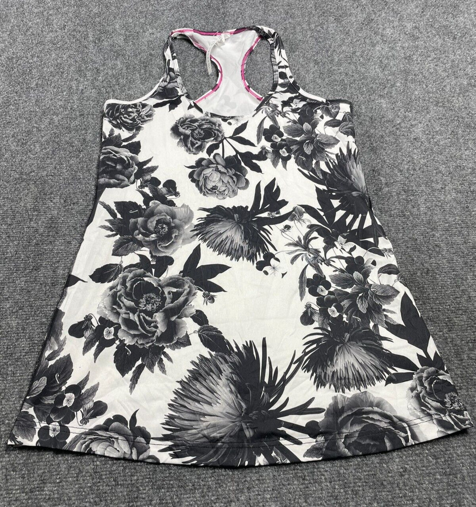 Lululemon Women's Tank Top Racerback White with Black Roses Floral Print Size 10