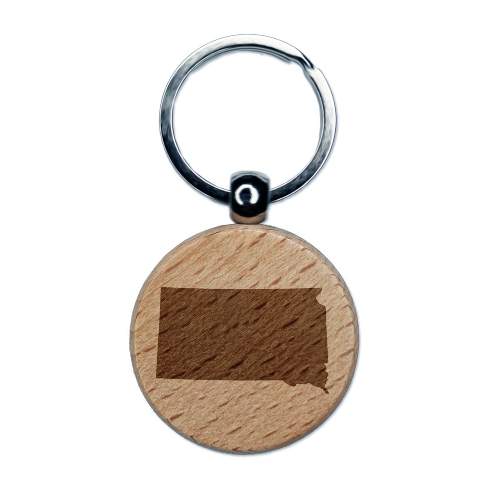 South Dakota State Silhouette Engraved Wood Round Keychain Tag Charm
