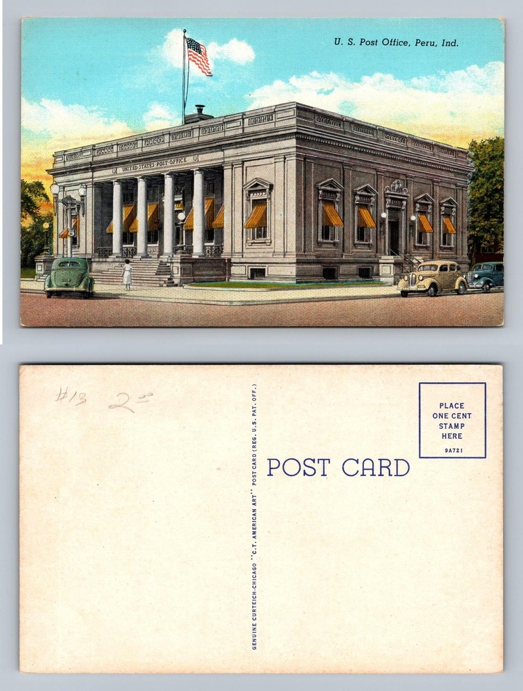 Peru, IN-Indiana, United States Post Office Scene Souvenir PC Vintage Postcard