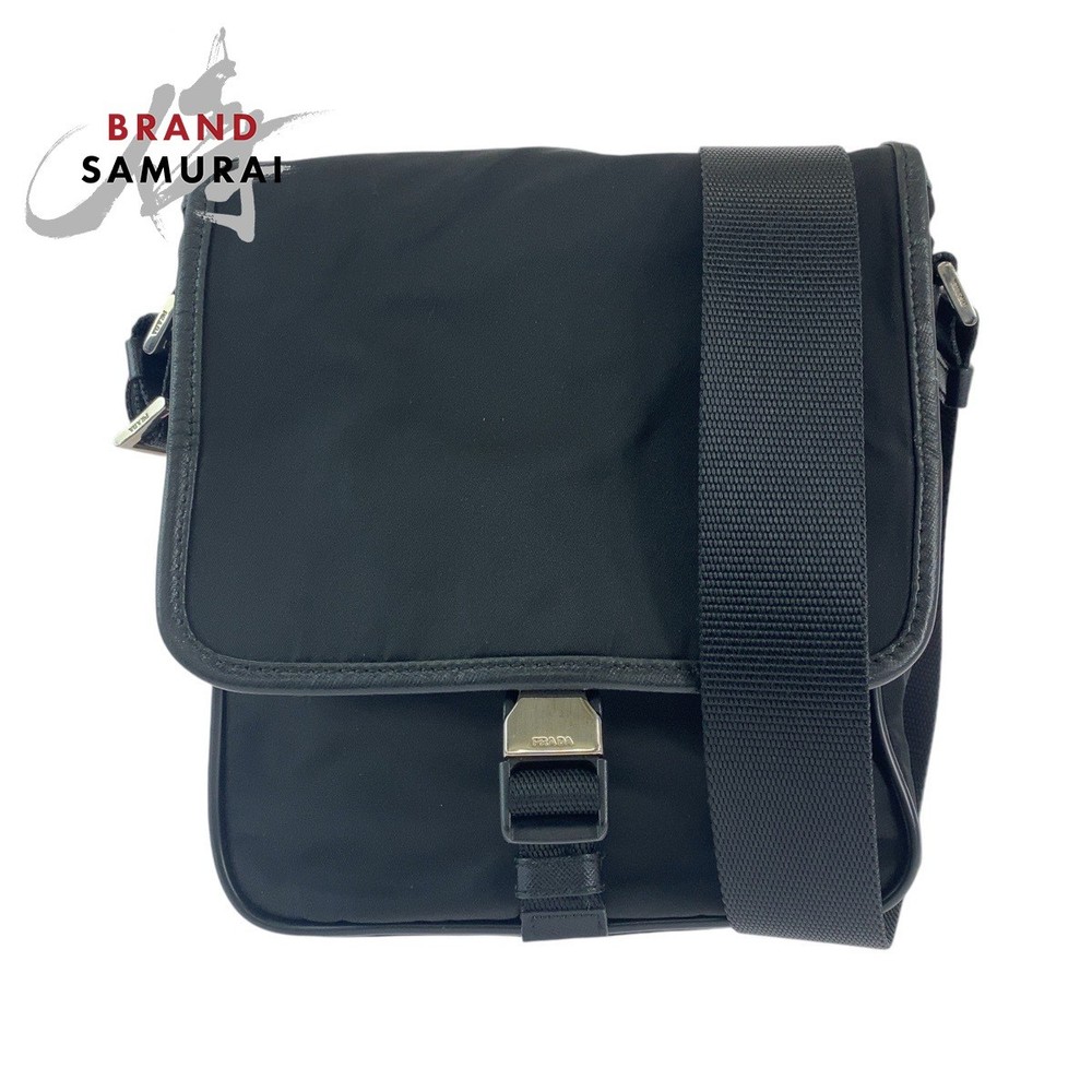 Prada Triangle Logo Black Silver Nylon Crossbody Bag Y0803