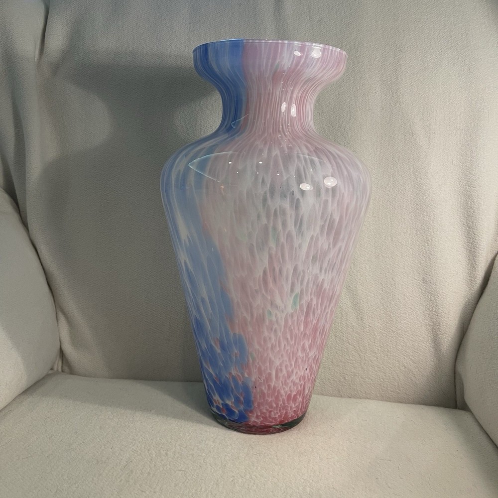 Vtg Murano Crystal Clear Vase W/ Blue Pink Green Speckled Pattern 14” Tall