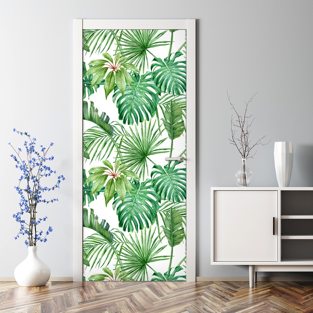 Tropical Palm Monstera Leaf Green Watercolor Door Decal Sticker Adhesive