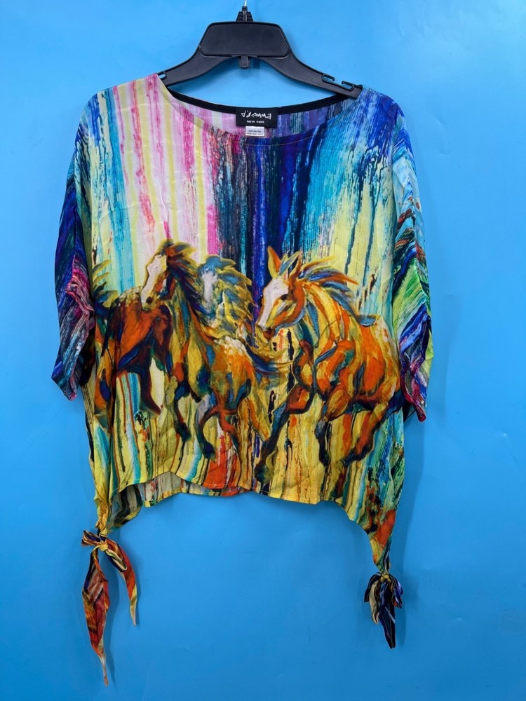 Women's DILEMMA Multicolor Horses Waist Tie Tunic Top Sz M/L