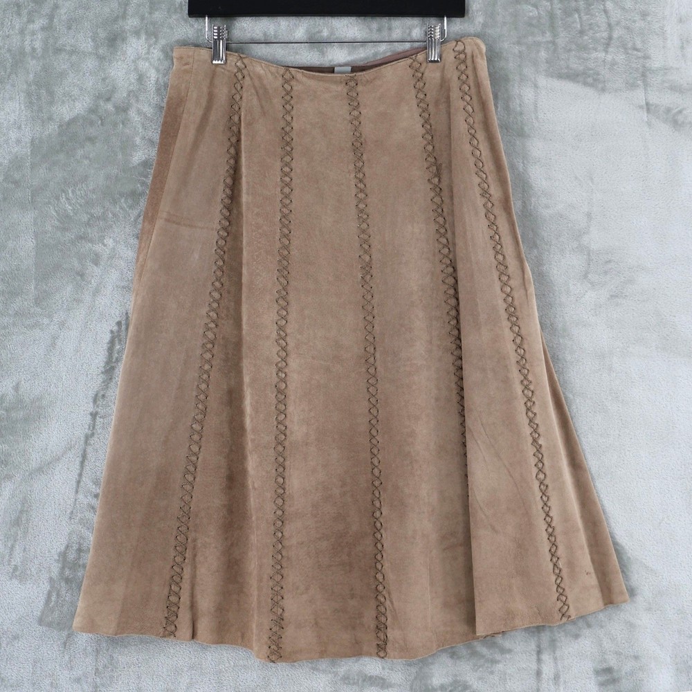 Liz Claiborne Genuine Suede Whipstitch Midi A-Line Skirt Womens 10 Boho Bohemian