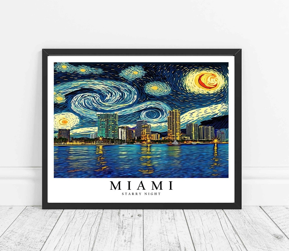 Miami City Starry Night Photo Art Print Poster Wall Art Painting