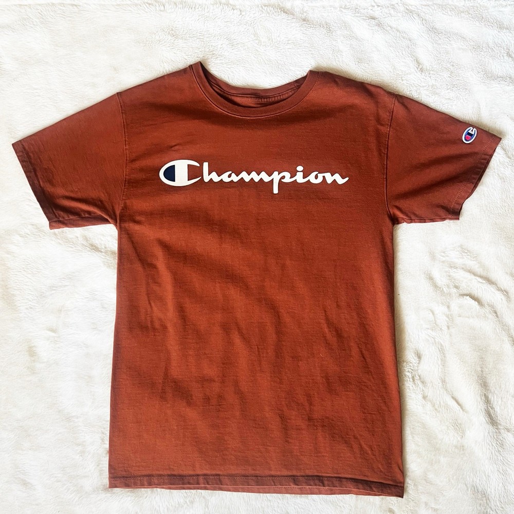 Champion Classic Script Logo T-Shirt Rust Orange Men’s Small Athletic Tee