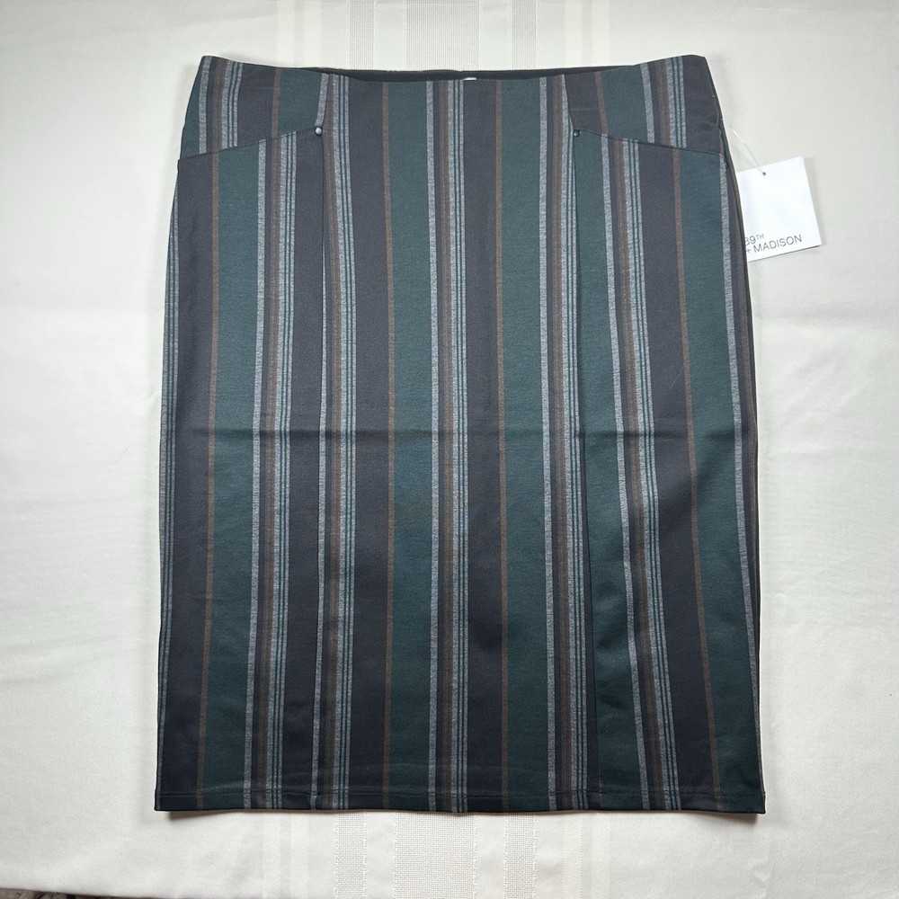 89th + Madison Striped Pencil Skirt L Green Gold Stretch Pull On Workwear