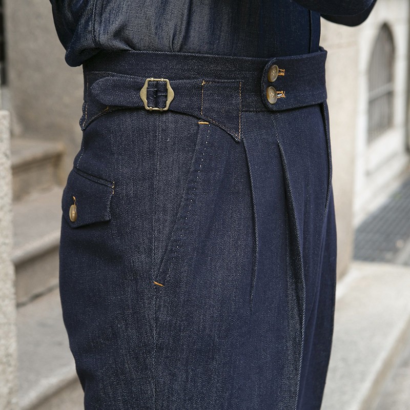 Men's High Waist Vintage Denim Casual Long Pants Trouser Business Gurkha