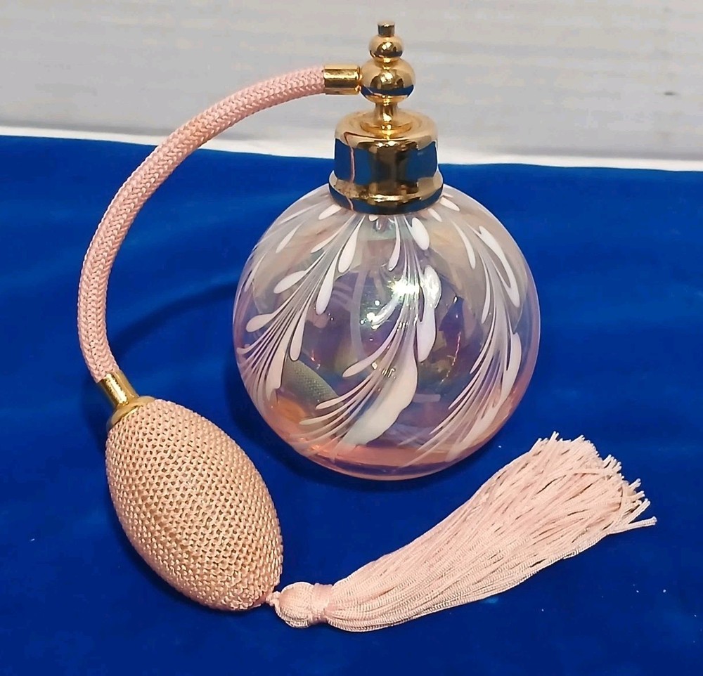 Vintage Art Glass Pink and White Opalescent Pulled Feather Perfume Atomizer