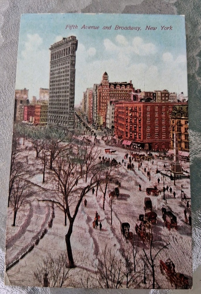 Fifth Ave & Broadway New York 1910  Flatiron Building Snowy Lithograph Postcard