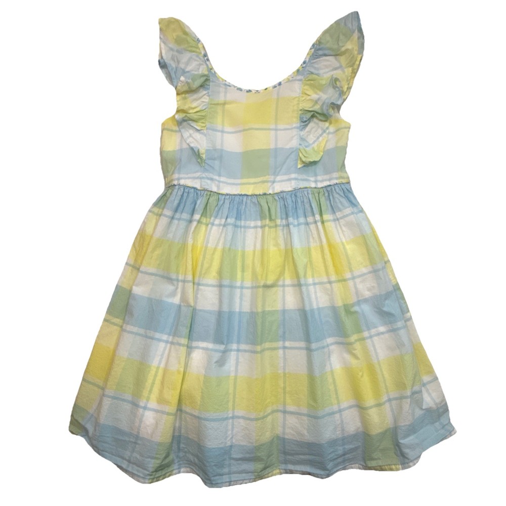 Tommy Bahama Girls Plaid Dress Ruffle Sleeve Blue Yellow US 6