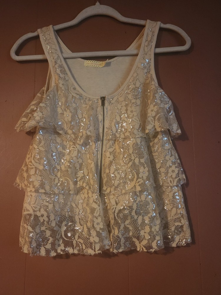 Pins and Needles Womens XS Ruffled Zip Scoop Neck Lace Tank Top Blouse Pink