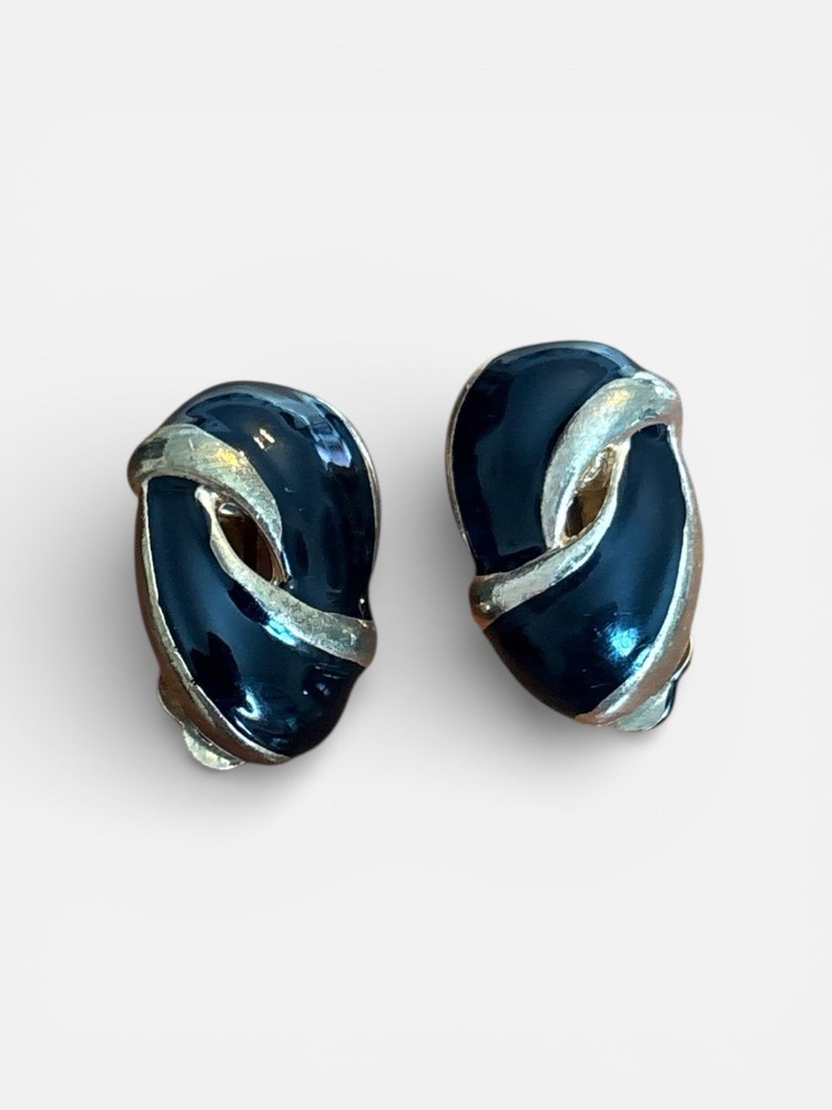 Vintage Black Enamel Gold Tone Knot Clip On Earrings Oval Swirl Statement