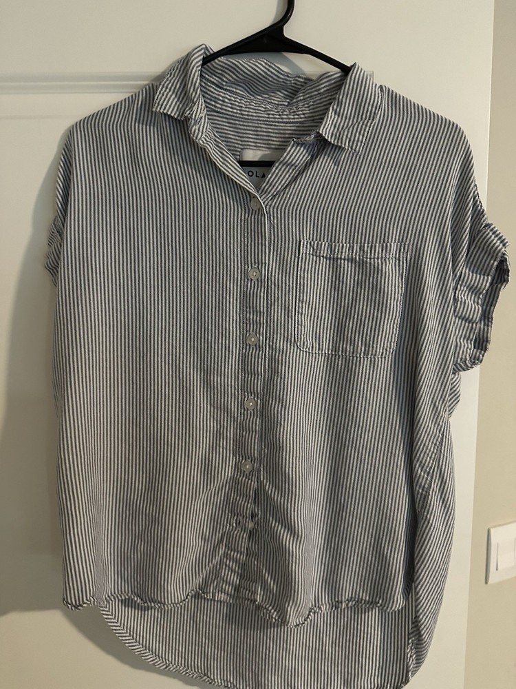 Lola River Women's Striped Cotton Button-Up Collared Shirt White Blue S