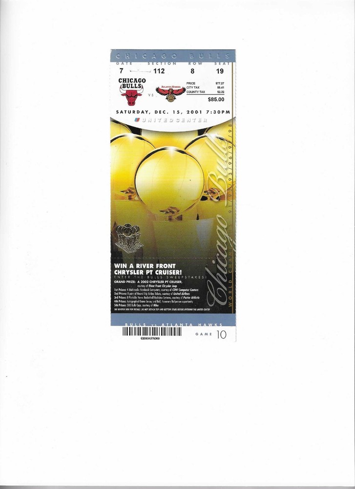 Chicago Bulls vs Atlanta Hawks Unused Basketball Ticket from 12/15/2001