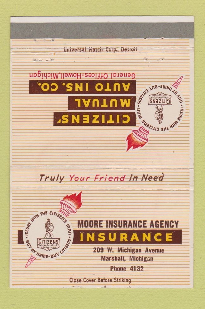 Matchbook Cover - Moore Insurance Agency Marshall MI 40 Strike