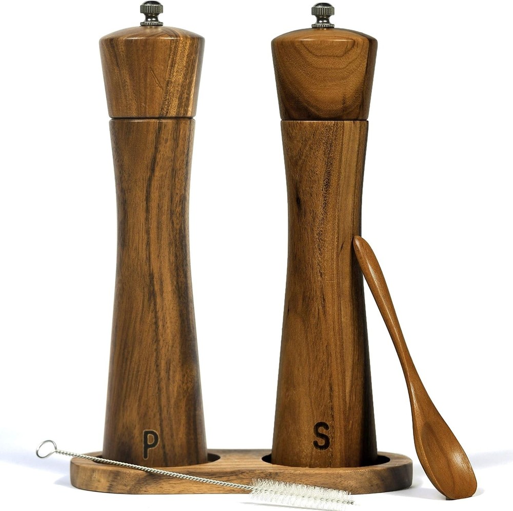 Salt and Pepper Grinder Set Acacia Wood Adjustable Pepper Mill Wooden Stand