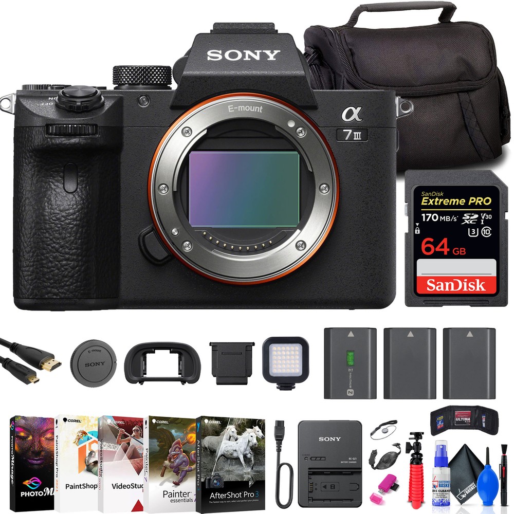 Sony a7 III Mirrorless Camera + 64GB Card + Bag + 2 x NP-FZ100 Battery + More