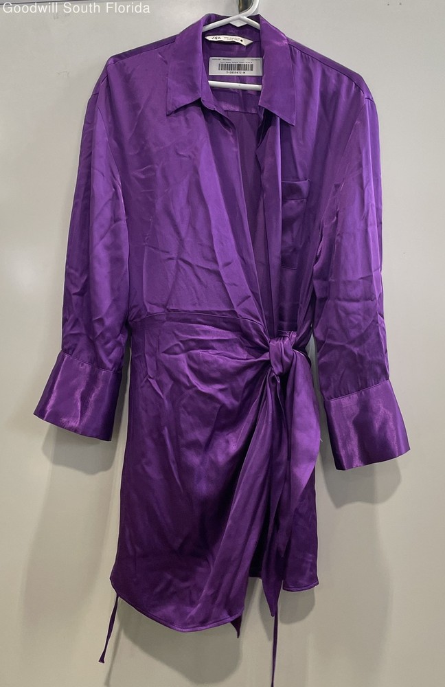 Zara Womens Purple Satin Long Sleeve Collared Tie Short Wrap Dress Size M