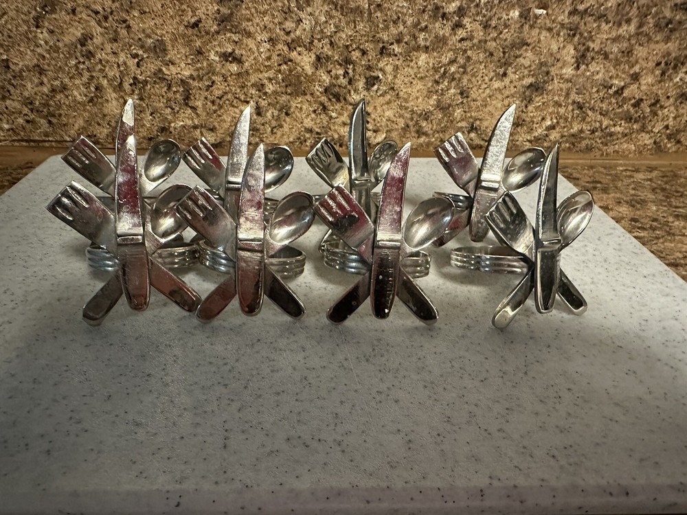 Vintage Set Of 8 Silver-Plate Knife Fork Themed Napkin Rings