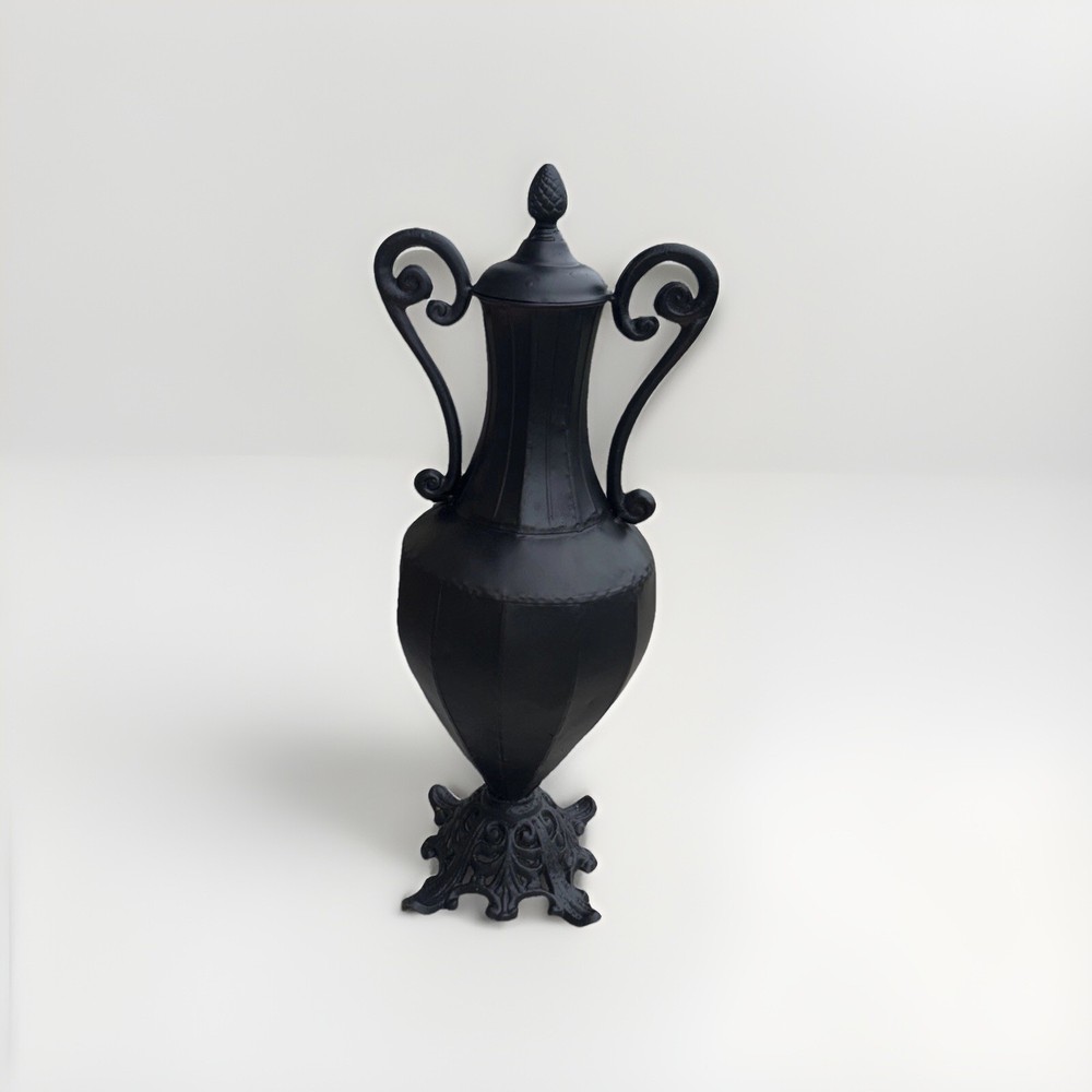Tall Black Metal Ornate Point Lid Vase/Urn Double Handles Vintage Preowned #4
