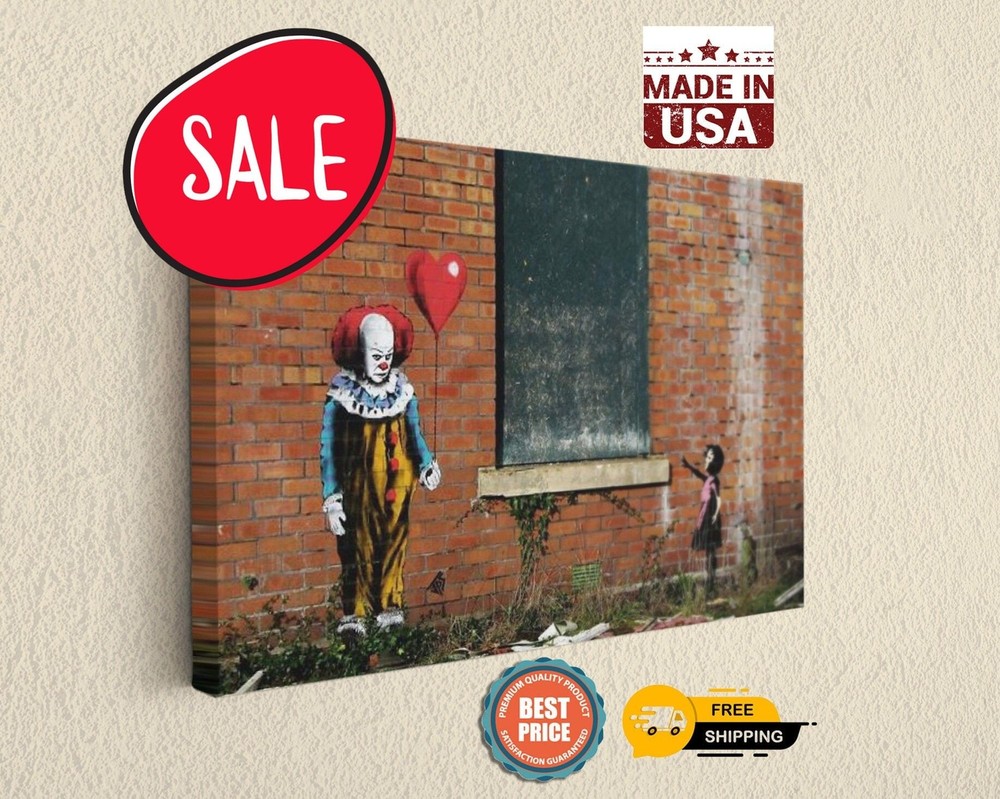 Banksy Clown with Red Balloon Sad Girl, Canvas Print Fine Art Photography