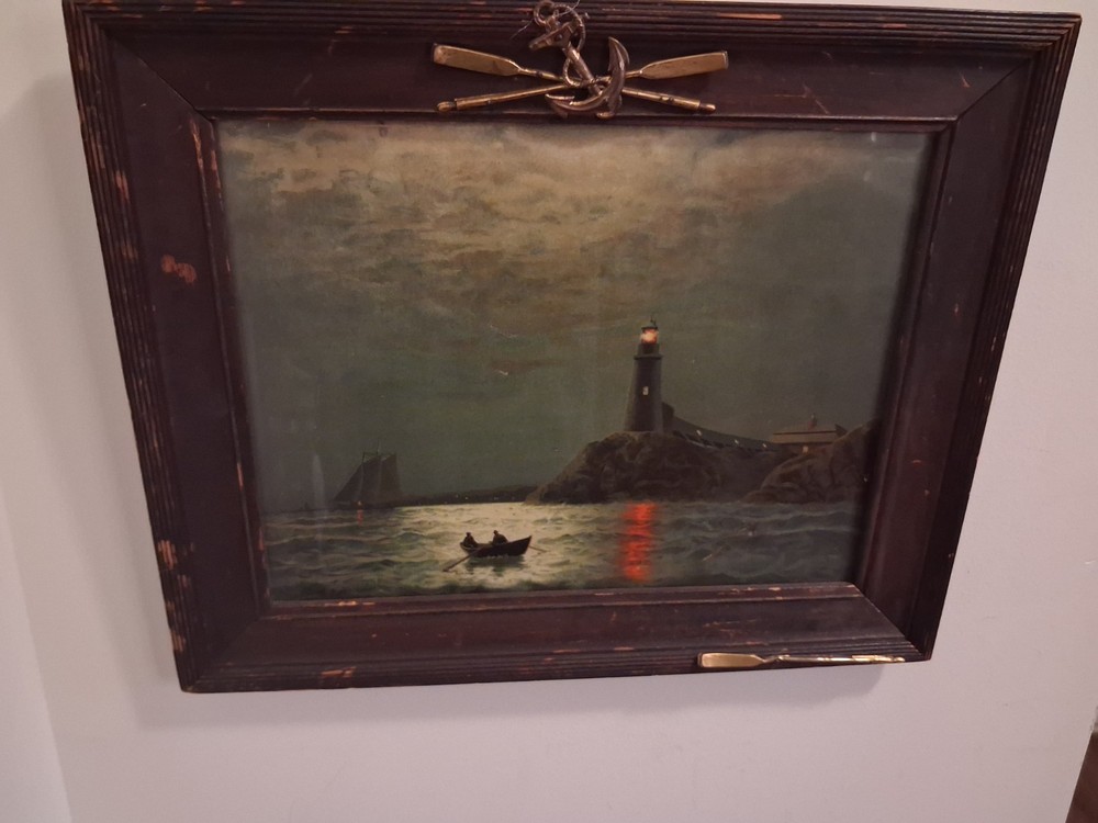 Framed Oil Painting on Canvas, Lighthouse Boat Seascape Realism Nautical Art
