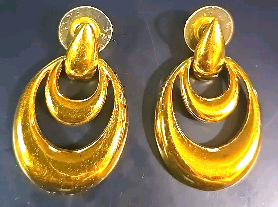 Vintage Napier Gold Tone Door Knocker Dangle Hoop Pierced Earrings Signed