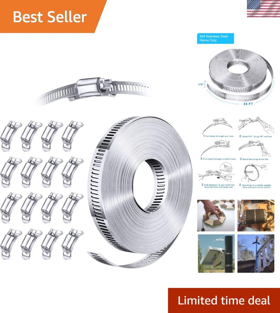 Heavy-Duty 304 Stainless Steel Hose Clamp Assortment: 35 FT Strap + 16 Fasteners