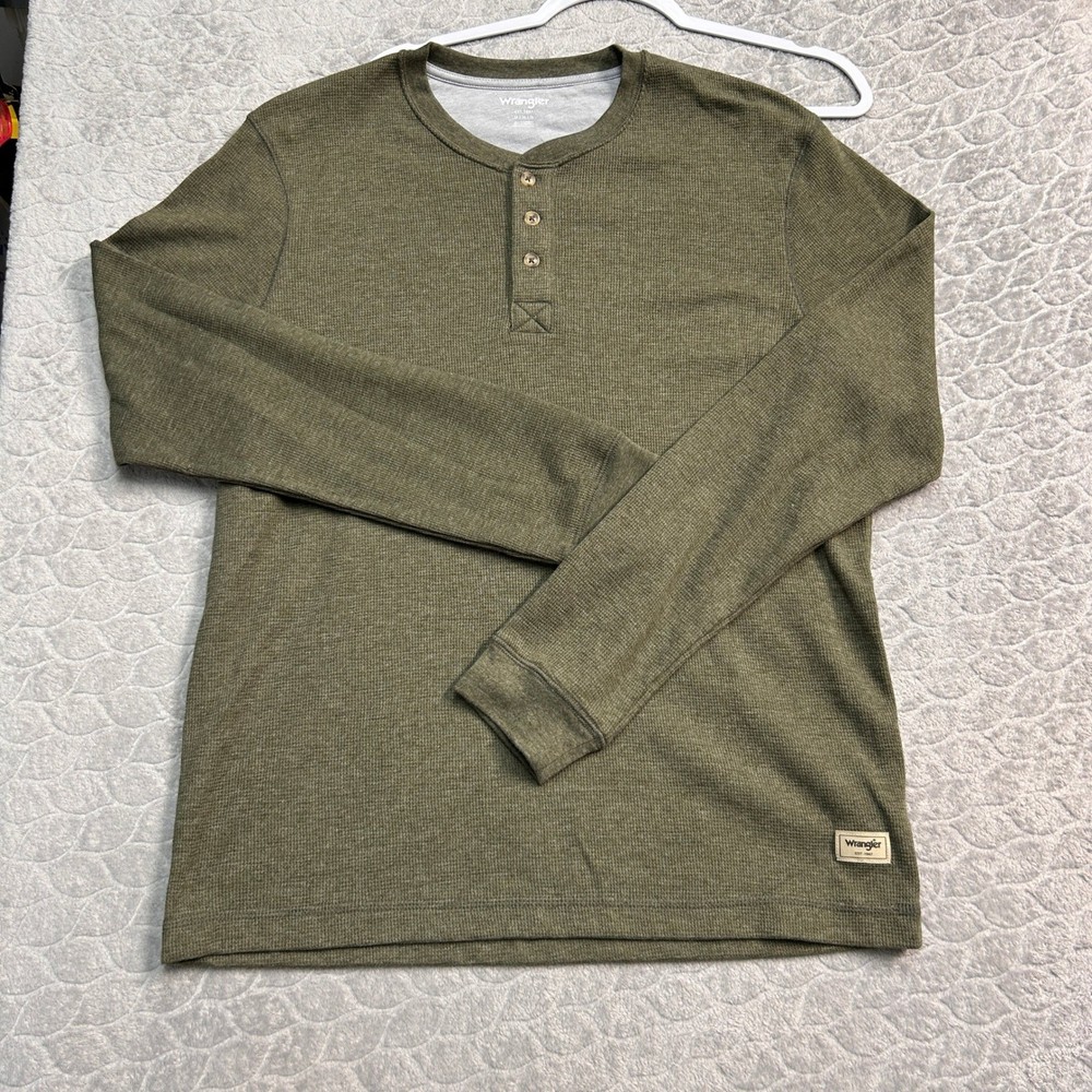Wrangler Mens Olive Green Waffle Knit Henley Long Sleeve Shirt Medium KB2-241