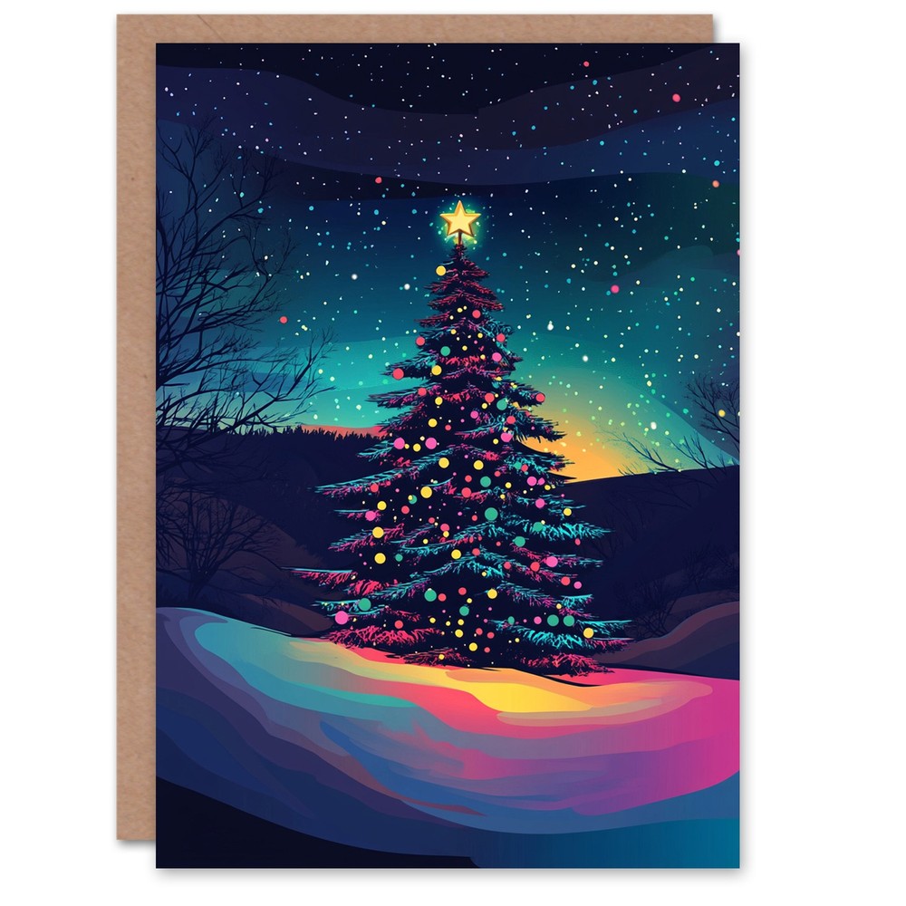 Festive Winter Night Christmas Card with Radiant Decorated Tree