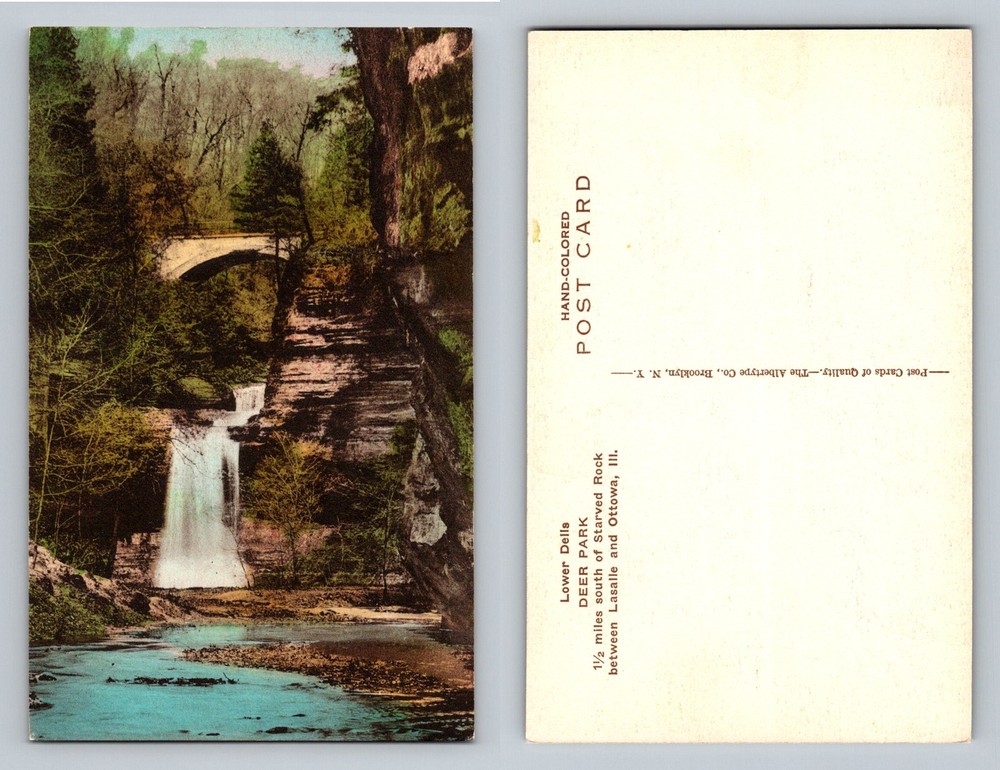 Starved Rock, IL-Illinois, Lower Dells Deer Park Bridge & Falls Vintage Postcard