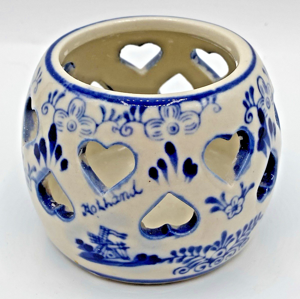Delft Blue Ceramic Hand Painted Holland Heart Cutout Tea Light Candle Holder