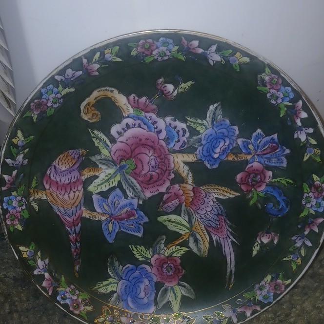 Green Multicolor Floral & Bird Ceramic Decorative Plate, Round Glossy Finish