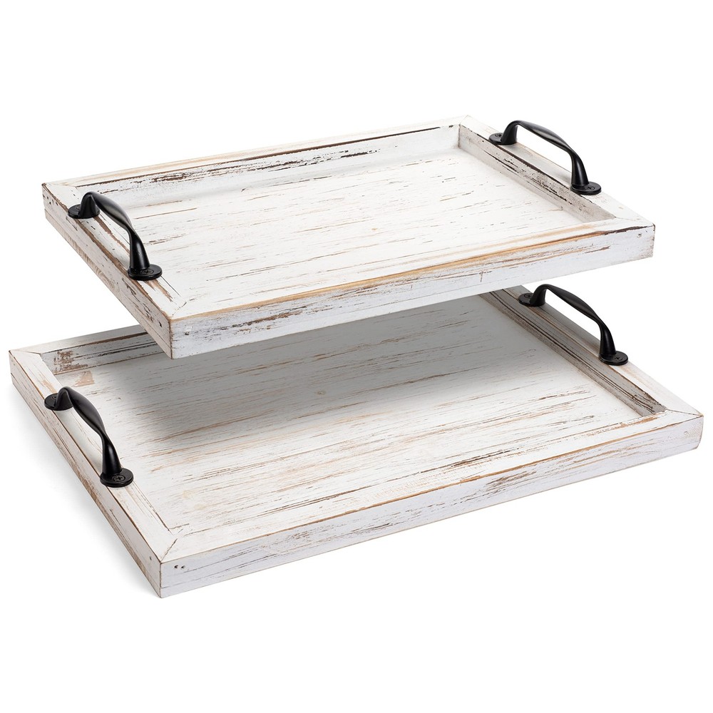 Rustic Wooden Serving Tray Set with Handles - 2 Nesting Trays for Food Display
