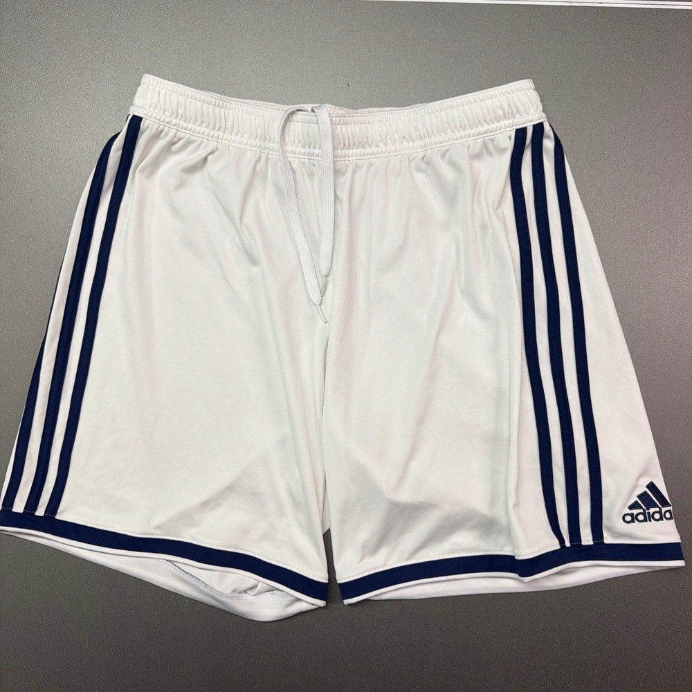 Adidas Men's White Soccer Shorts Blue 3 Stripe Athletic Drawstring Size L
