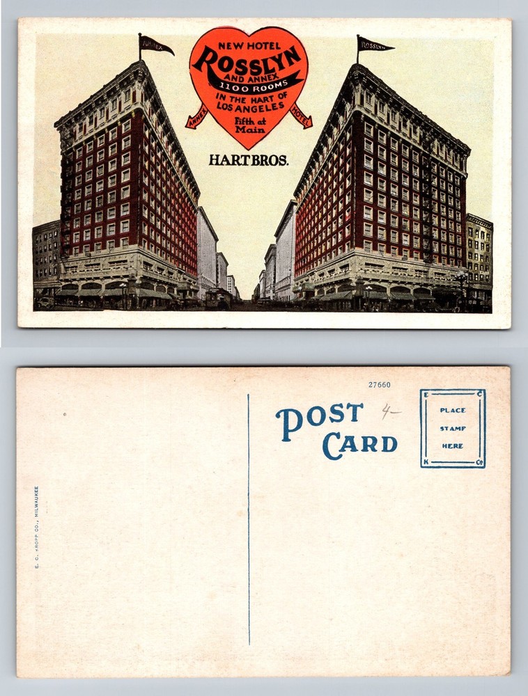 Los Angeles, CA-California, Hotel Rosslyn Heart Sign Fifth Main Vintage Postcard