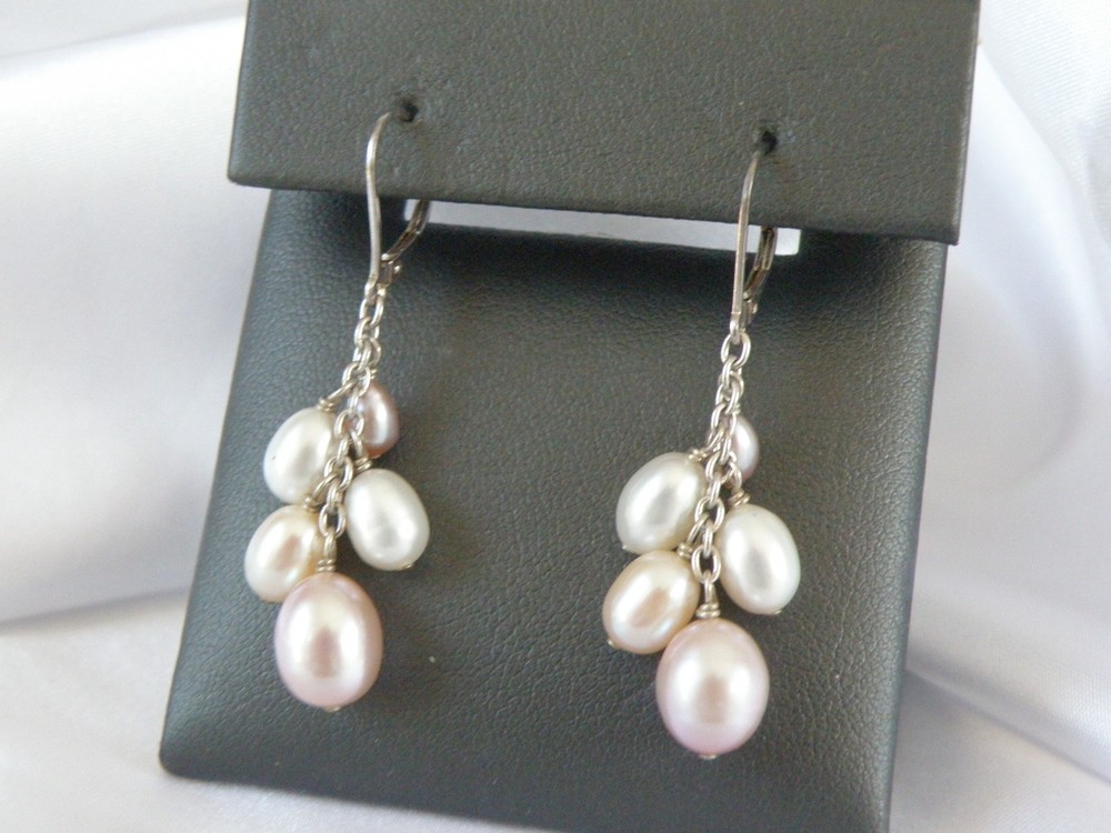 Vintage Sterling Silver 925 Cluster Chain Pearl Dangle Drop Earrings