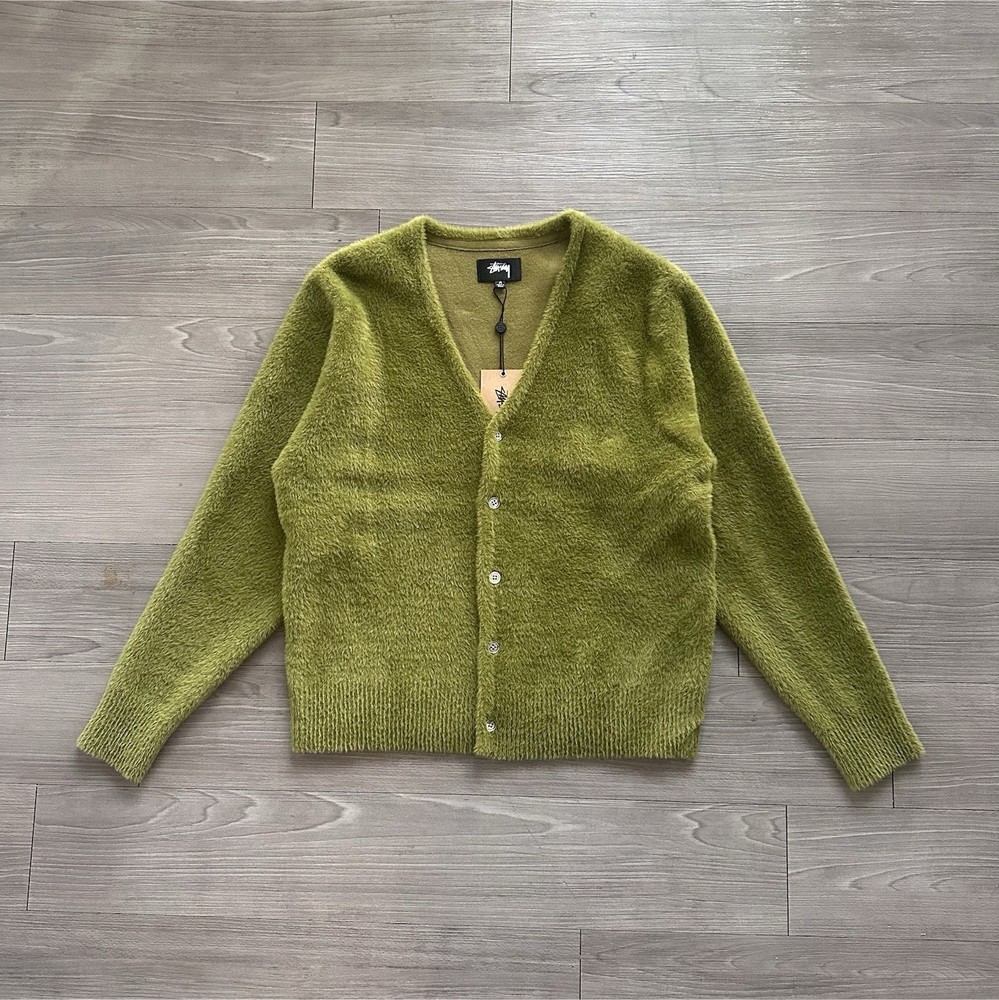 Stussy Olive Knit Button Shaggy Cardigan Sweater Men's Size M