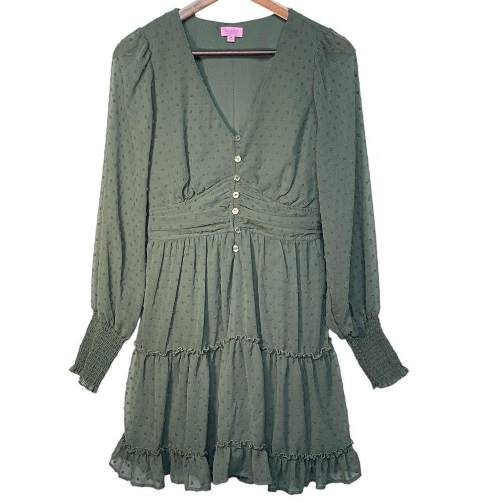 Francesca Mi Ami Mini Dress Size M Green Lined Long Sleeve Tiered Ruffled Boho