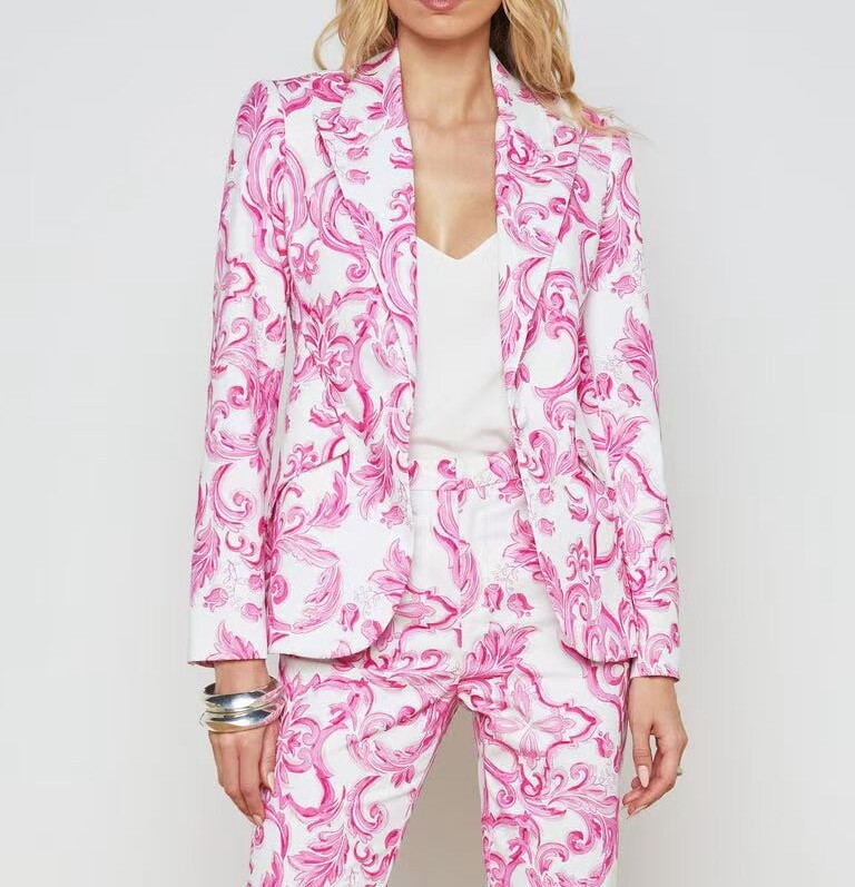 Women L'AGENCE Button-Front Floral Printed Blazer Coat Jacket/Pants Pink