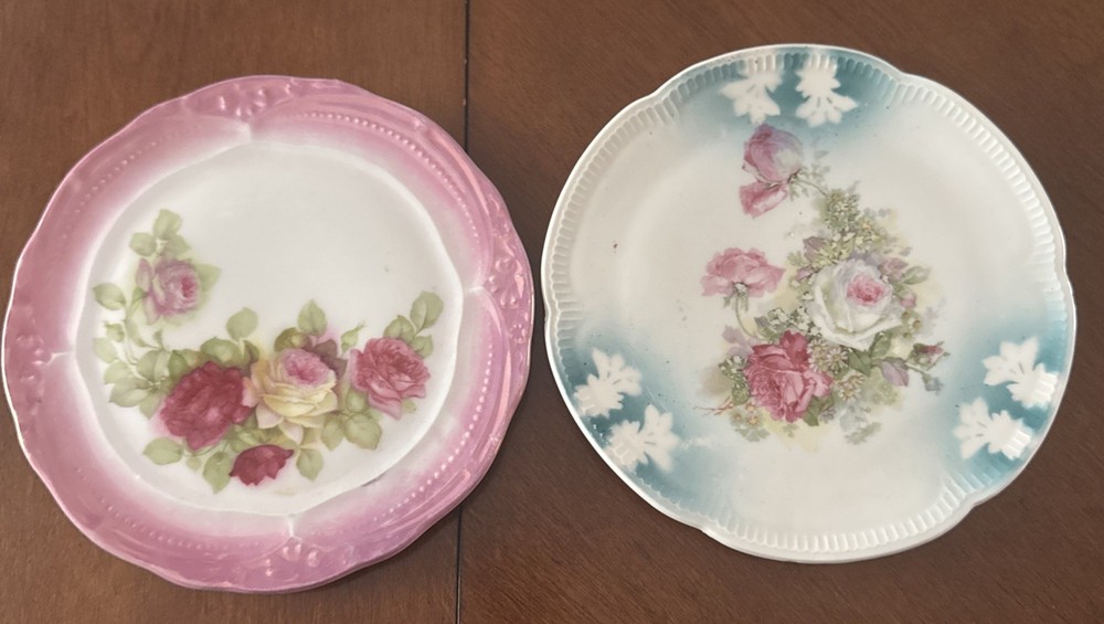 6.5” Plates Vintage Pink & Blue With Roses Germany Scalloped rim trim Lot of 2